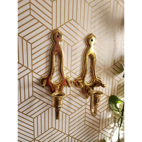 Vintage Pair Gold Brass Sconces Wall Hanging Candle Holder 11” With Plate Holder - Picture 2 of 12